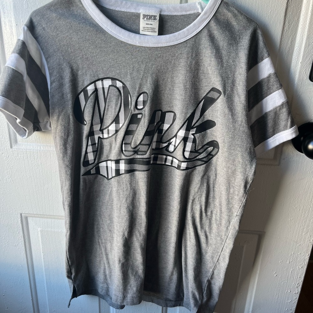 PINK Victoria's Secret Gray Short Sleeve Logo Tee with Striped Sleeves